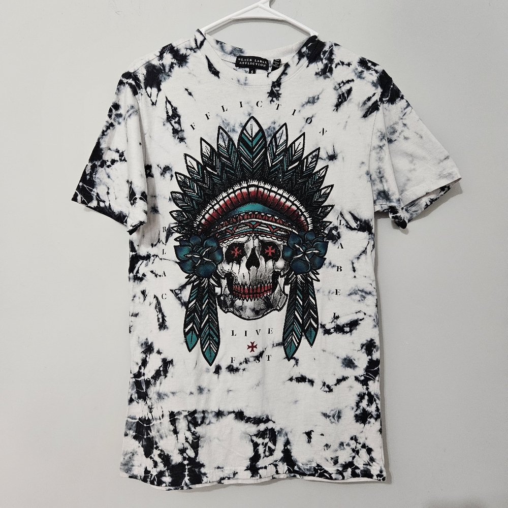 Affliction Black White Tie-Dye Skull Headdress Graphic Tee